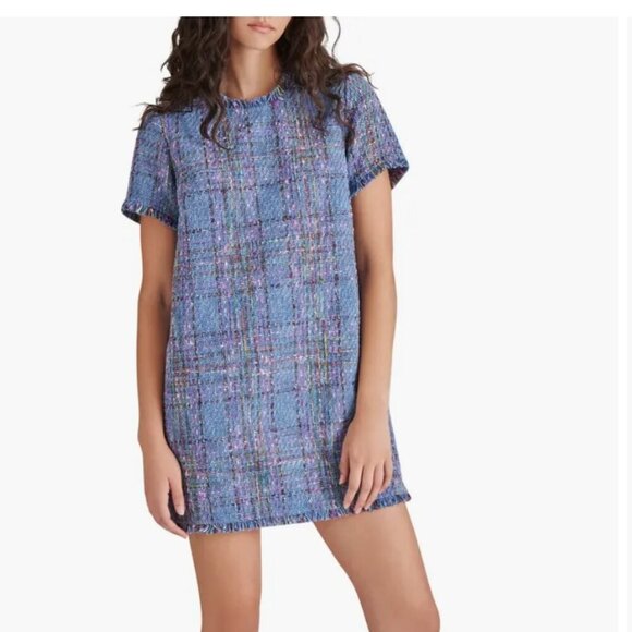 Steve Madden Ria Tweed Short Sleeve Shift Mini Dress Blue - Picture 1 of 12